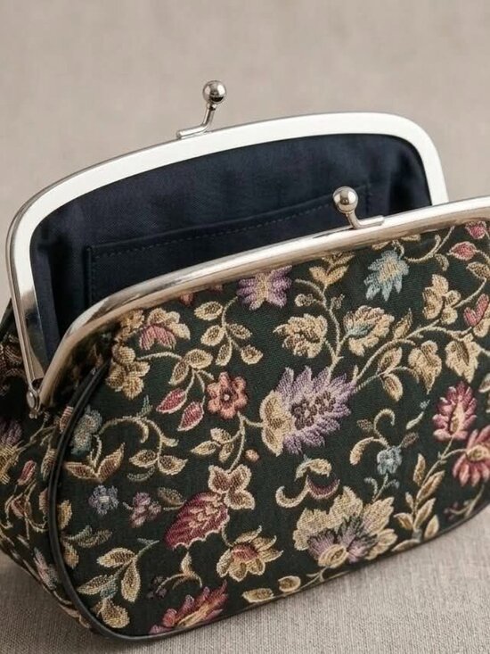 Handbags - Vintage Floral Tapestry Kiss Lock Purse Clutch Handbag Chain Strap Black #265
